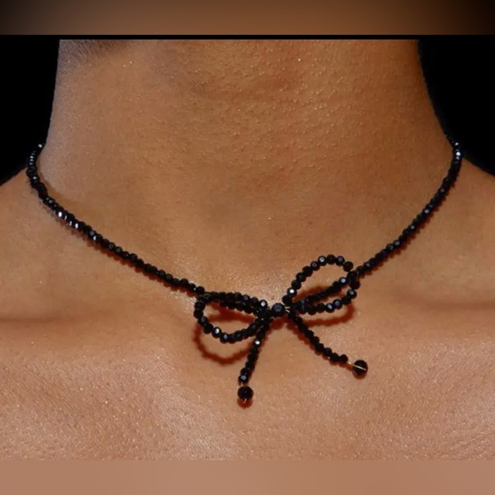 Black Beaded Bow with Gold Detailing Necklace